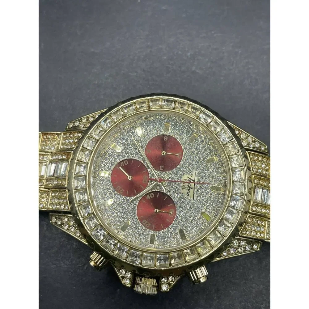 Techno Pave Mens Wristwatch Gold Tone Iced Out Rhinestone Red Dial Hip Hop Watch